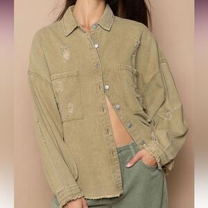 POL Button‎ Down Raw Hem Distressed Shacket, NWOT